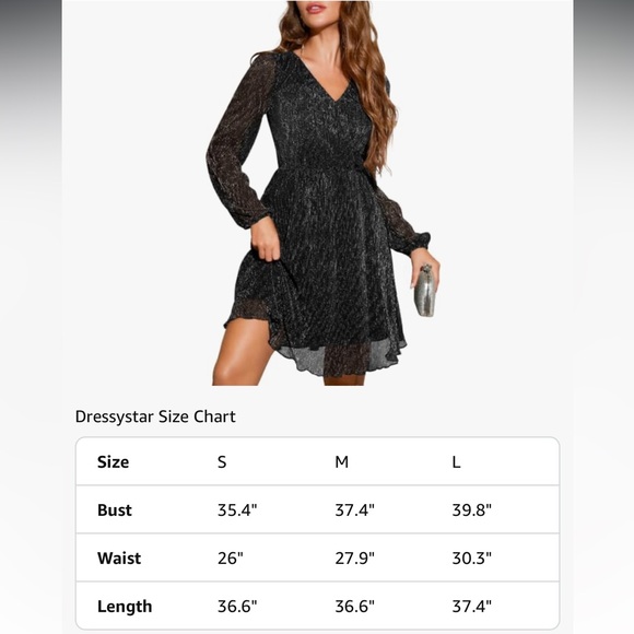 NWT Black Glitter Plissé Mini Dress V-Neck Long Sleeve Metallic Sparkle large - Picture 12 of 13